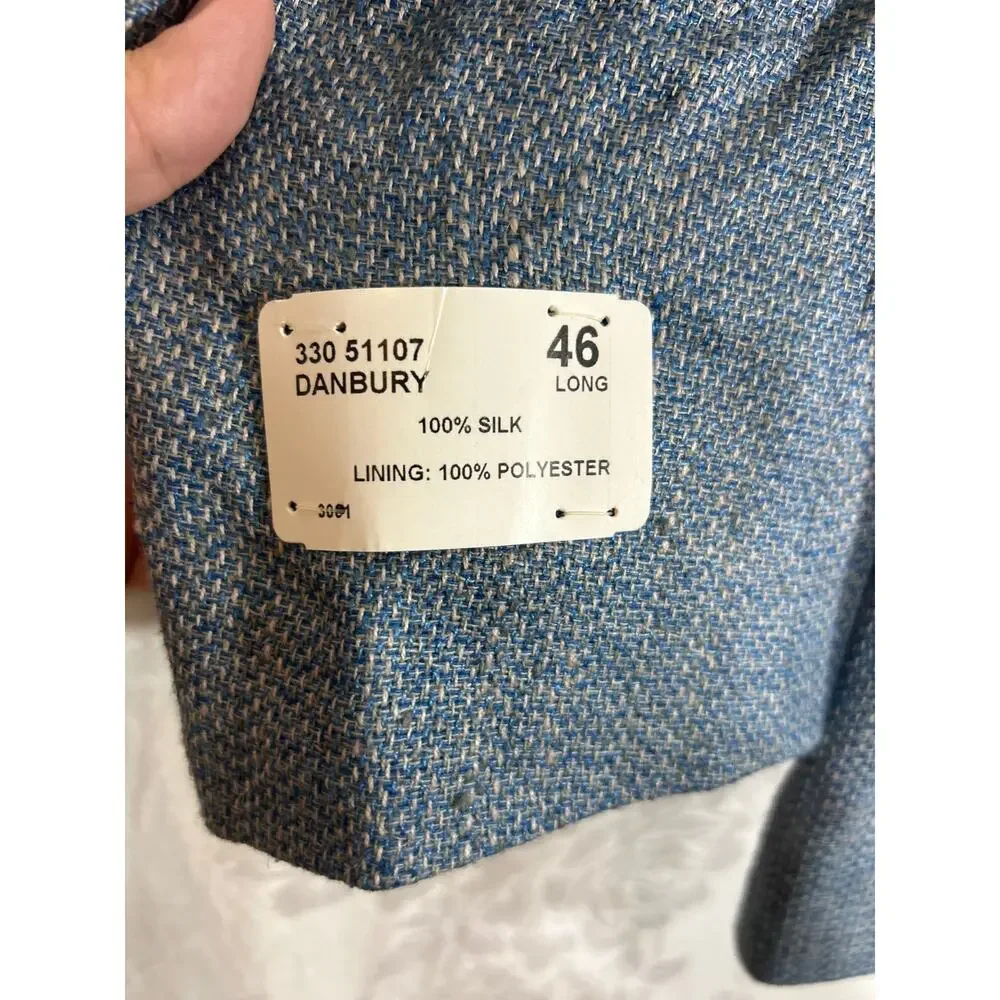 Vintage Norm Thompson Sport Coat 46 LONG Blue Tan 100% Pure Silk Deadstock